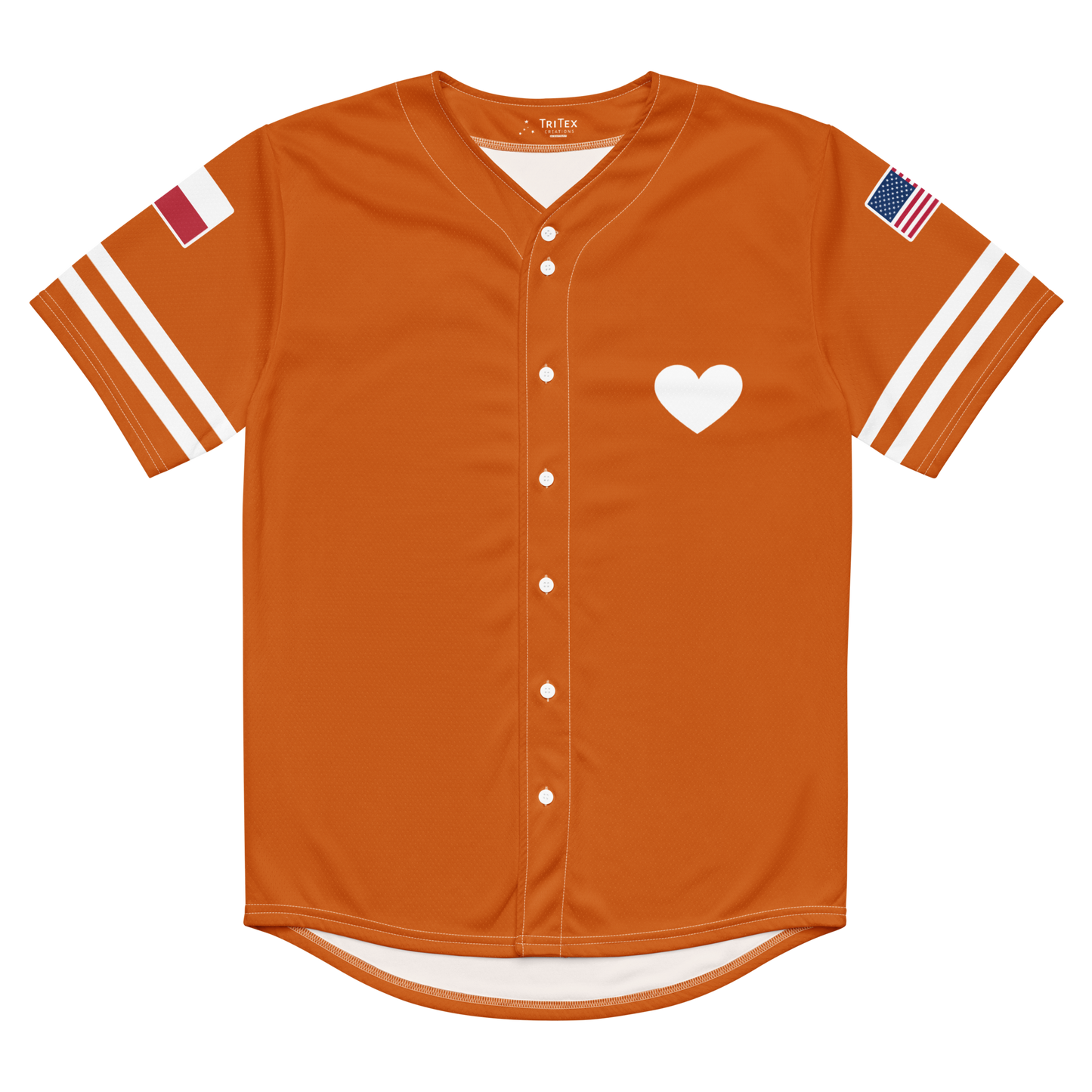 The front of an orange baseball jersey with a heart on it.