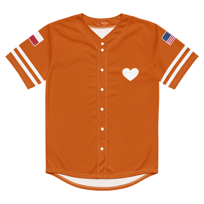 The front of an orange baseball jersey with a heart on it.