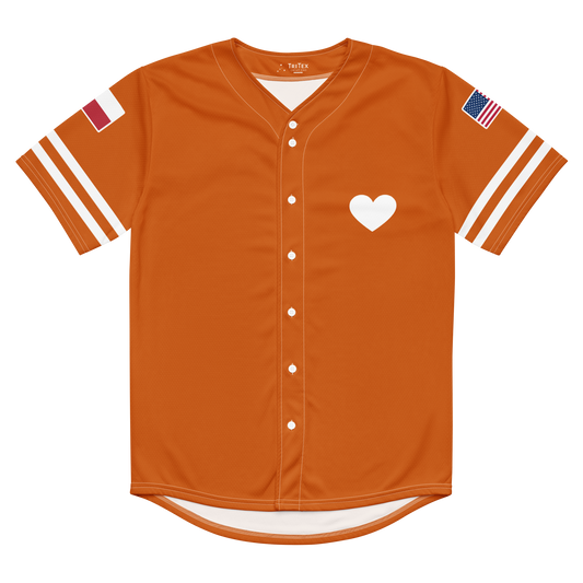 The front of an orange baseball jersey with a heart on it.