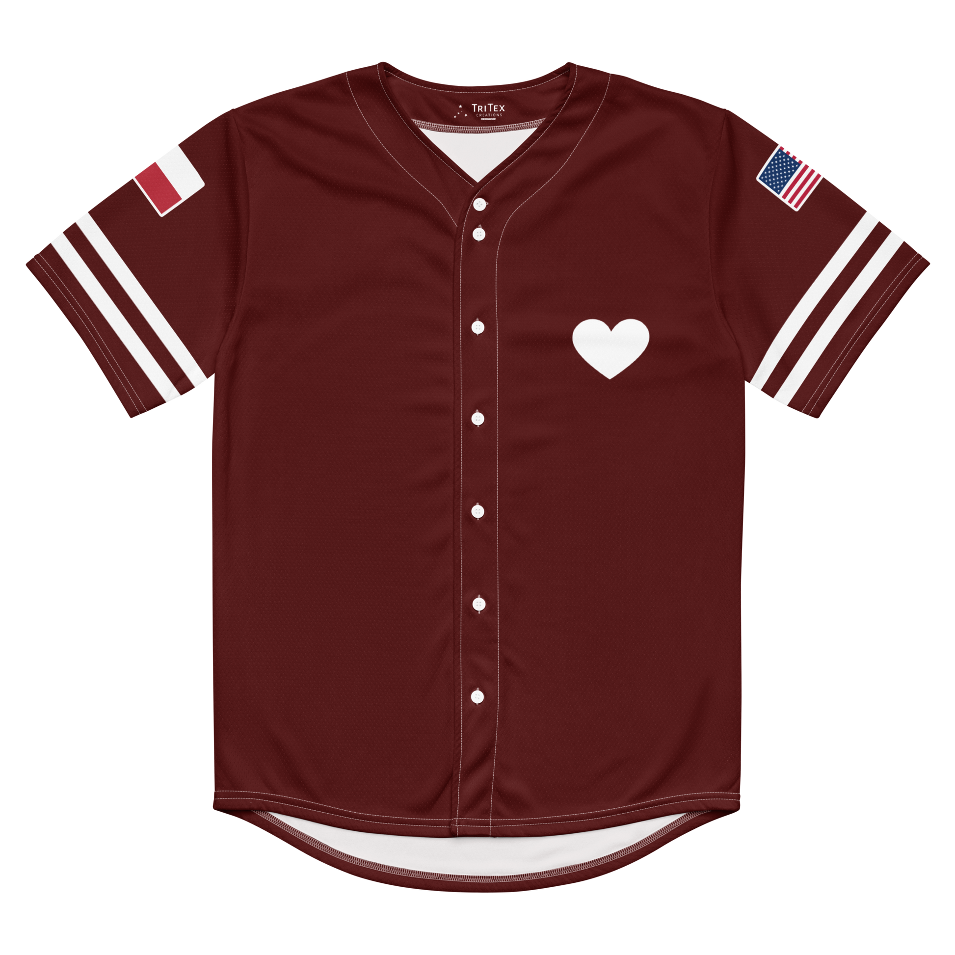 The front of a maroon baseball jersey with a heart on it.