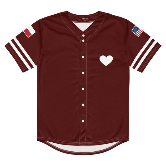 The front of a maroon baseball jersey with a heart on it.