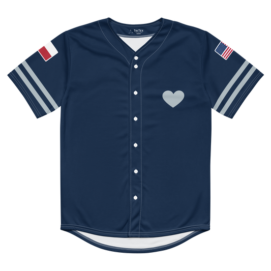 The front of a navy blue baseball jersey with a heart on it.