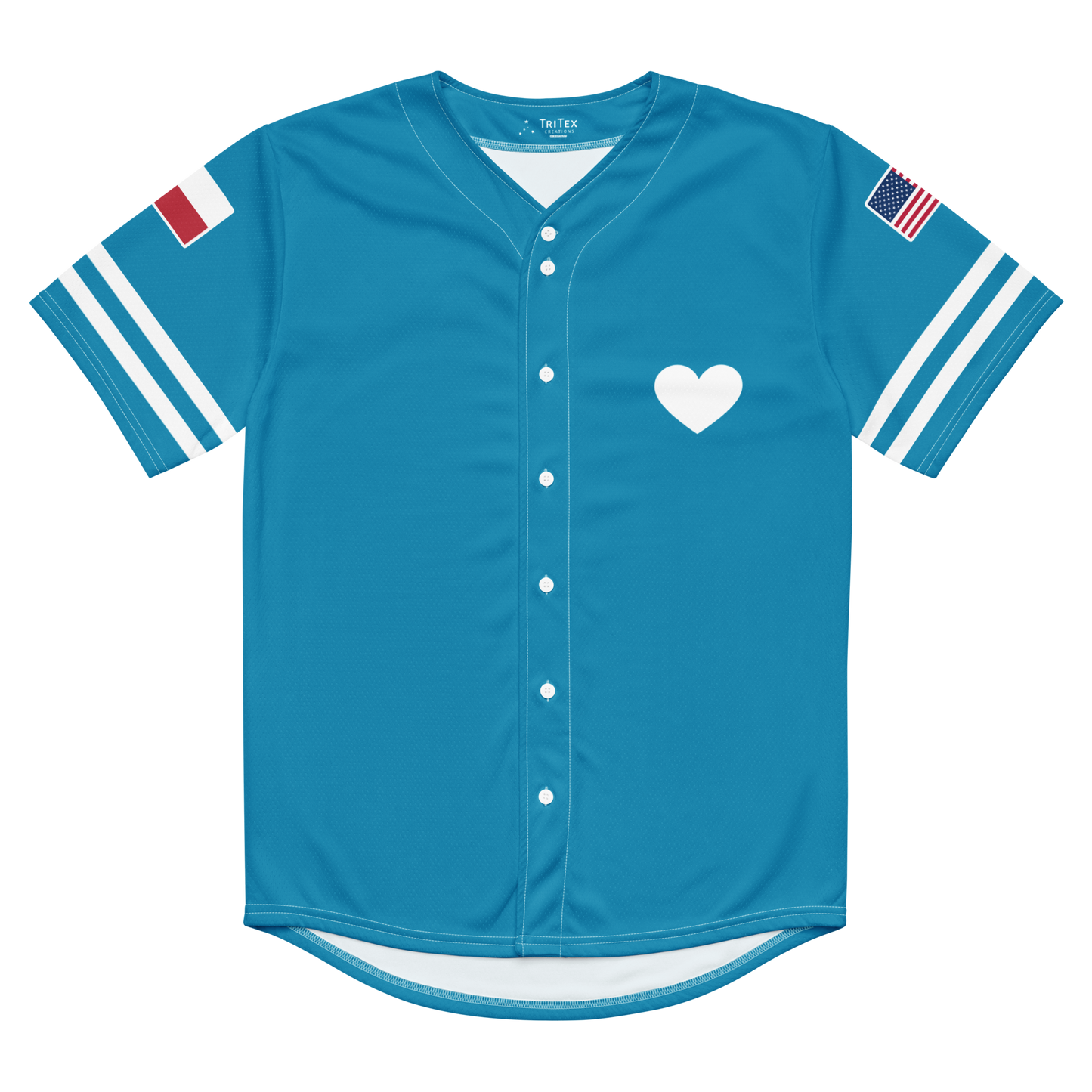 The front of an aqua blue baseball jersey with a heart on it.