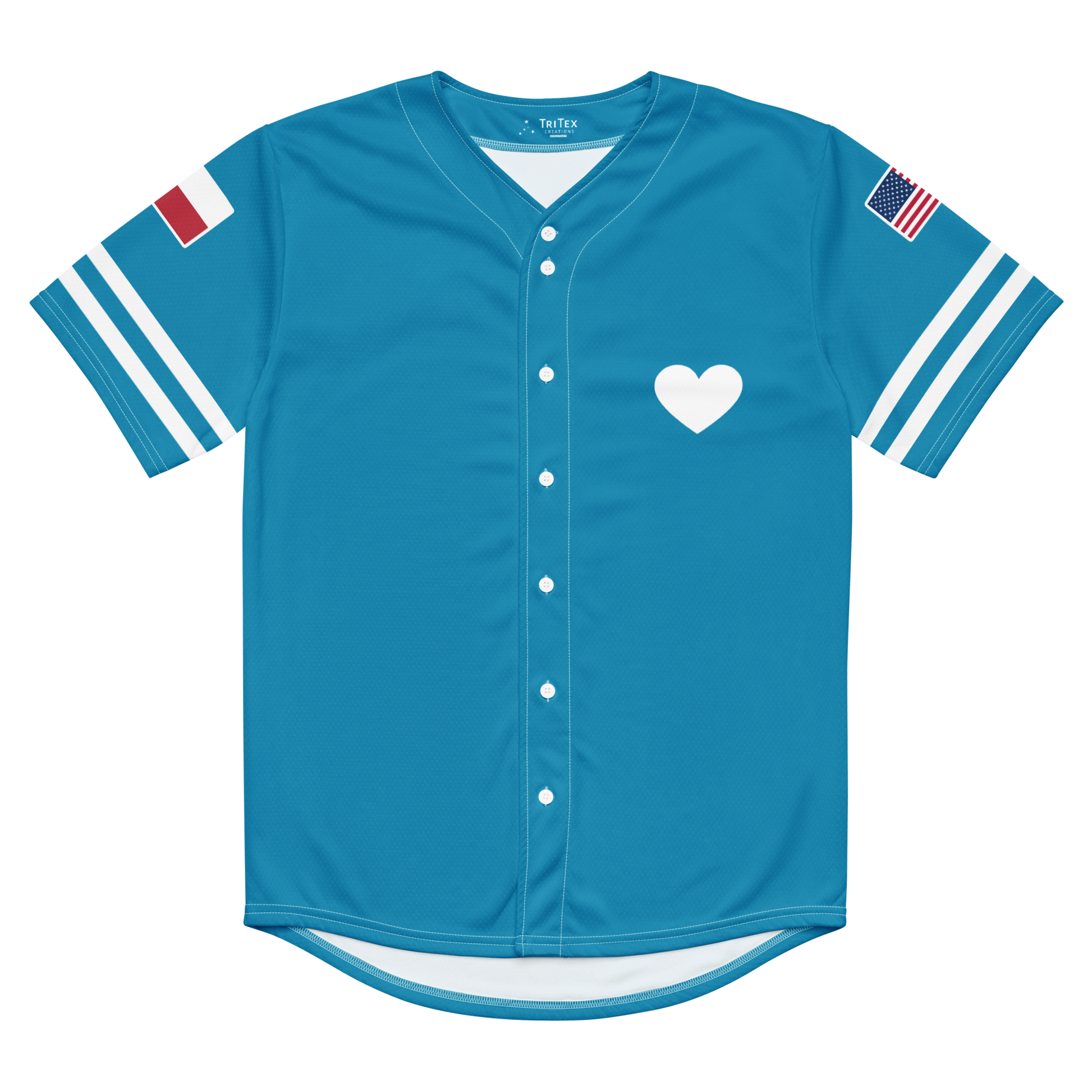 The front of an aqua blue baseball jersey with a heart on it.