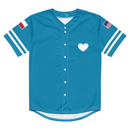 The front of an aqua blue baseball jersey with a heart on it.
