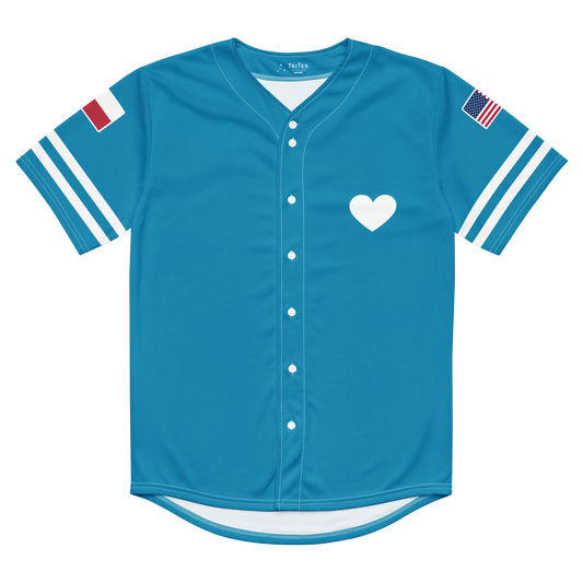 The front of an aqua blue baseball jersey with a heart on it.