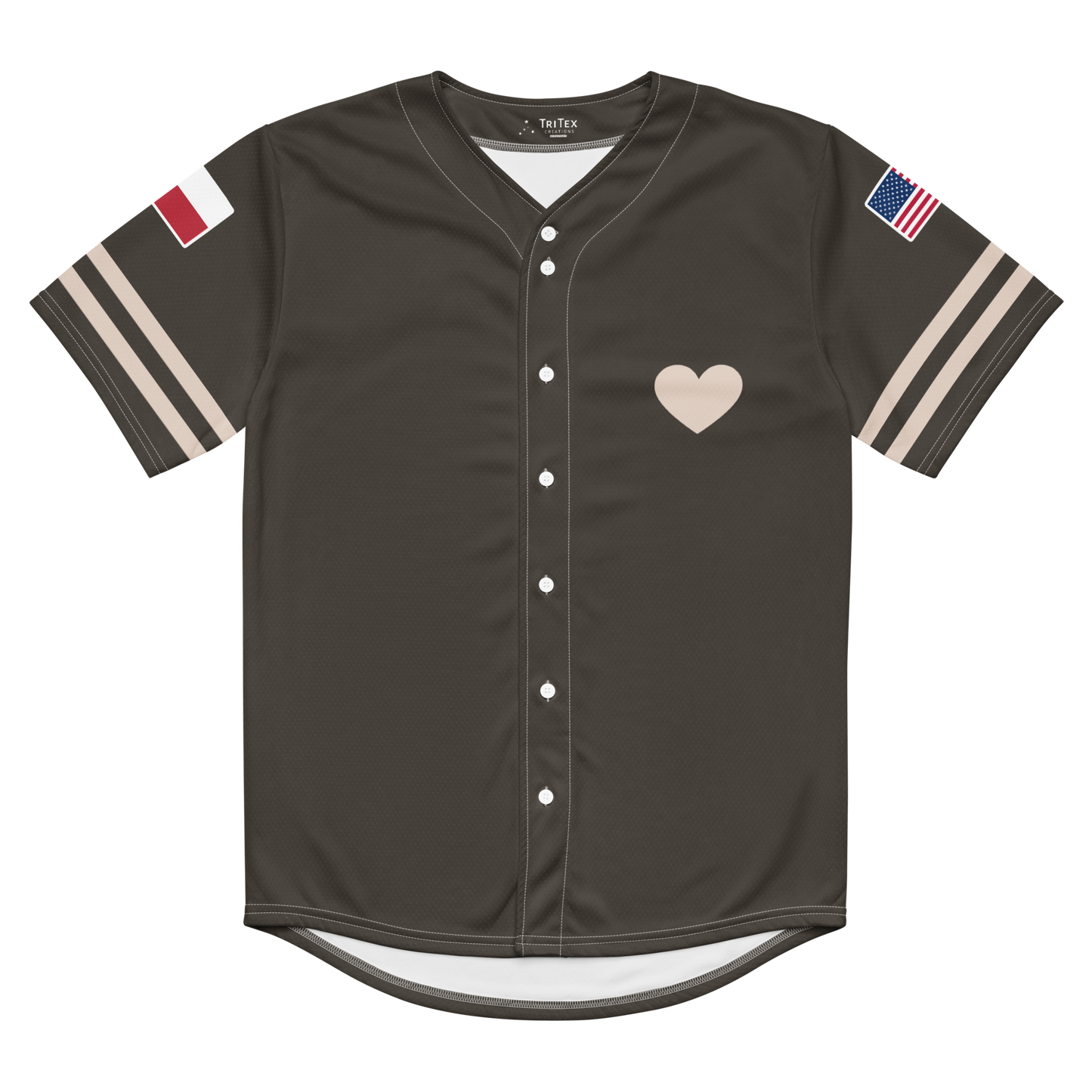 The front of a brown baseball jersey with a heart on it.