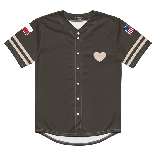 The front of a brown baseball jersey with a heart on it.