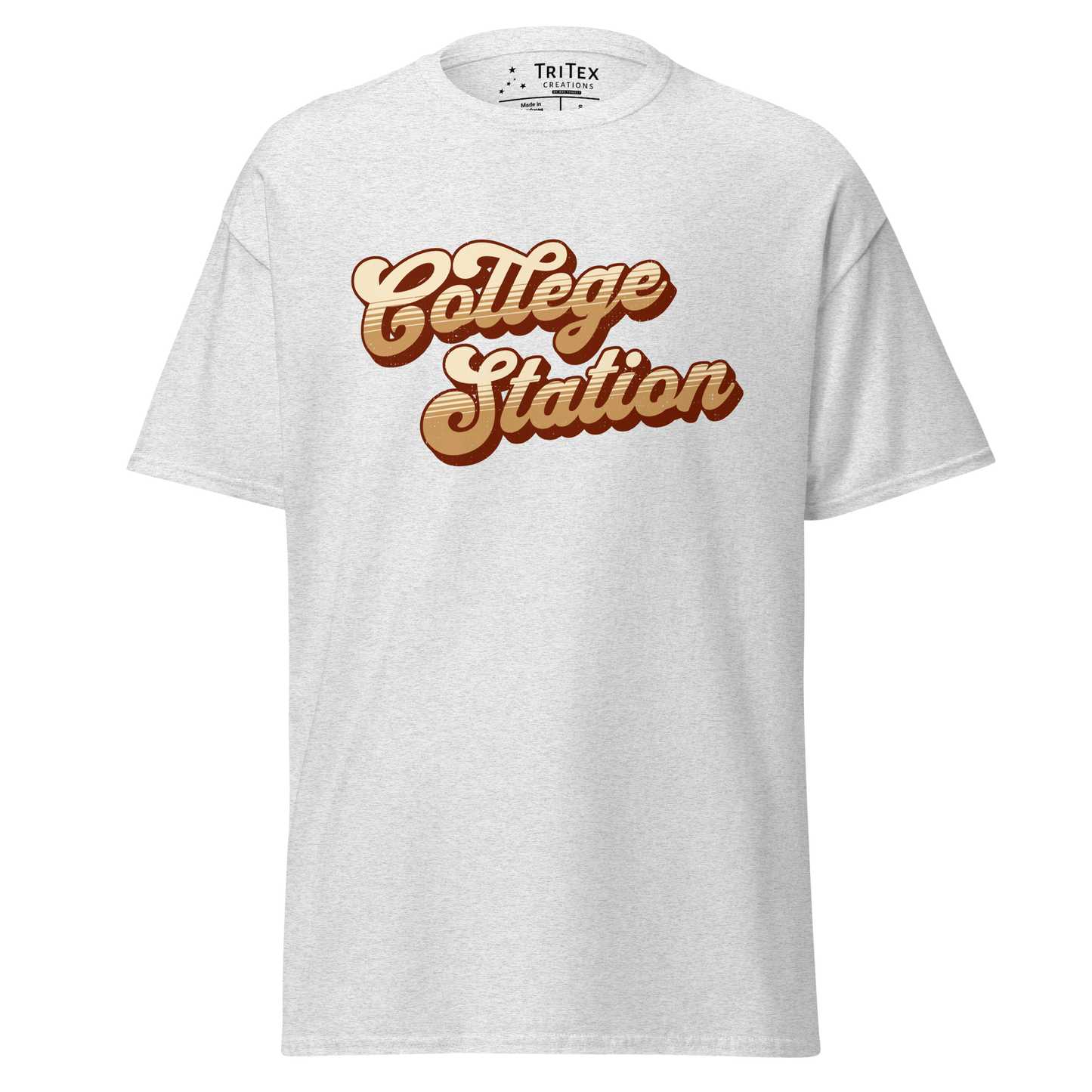 An ash-colored t-shirt with a retro style College Station in a vintage font.