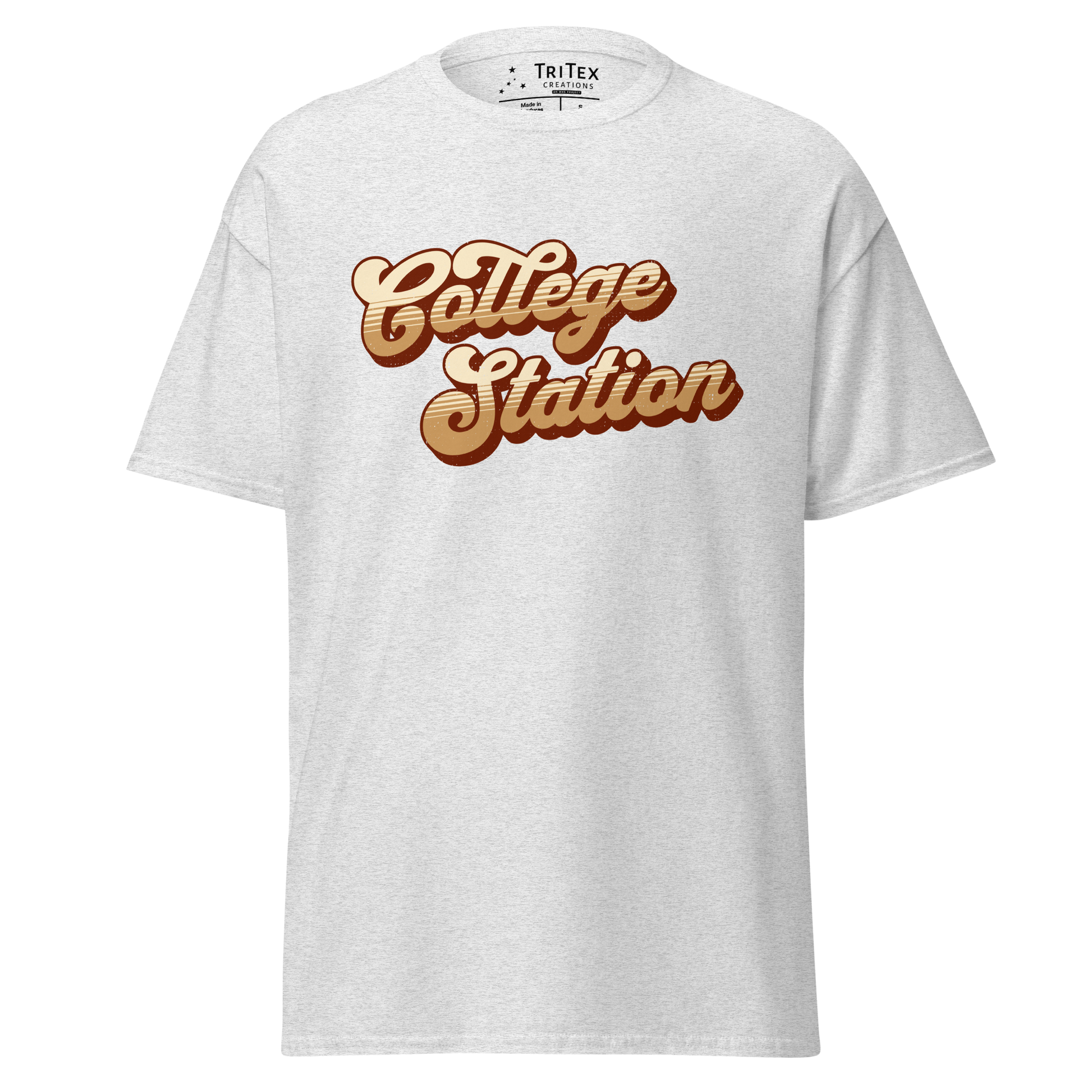An ash-colored t-shirt with a retro style College Station in a vintage font.