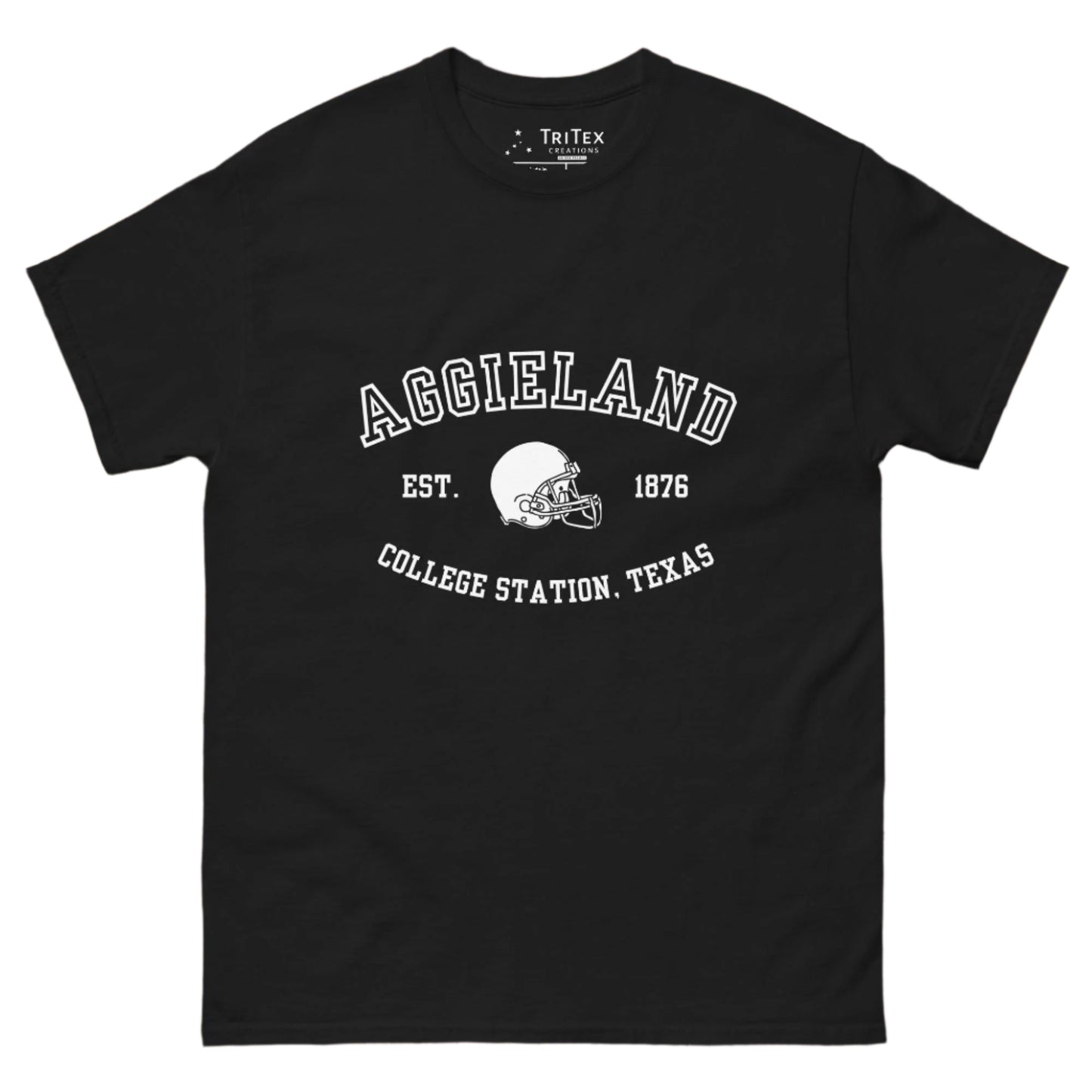 A black t-shirt featuring a graphic image of a football helmet with the words "Aggieland Est. 1876 College Station, Texas".