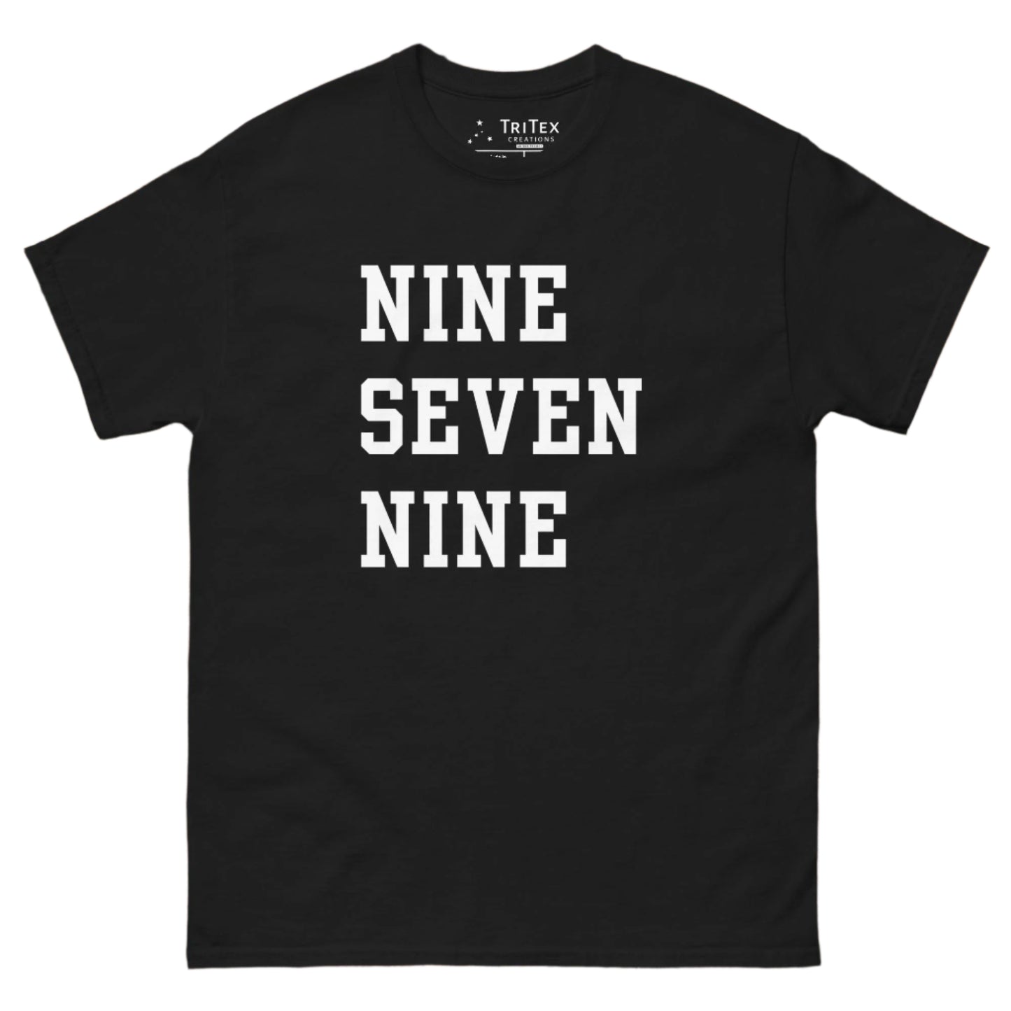 A black t-shirt with the words "NINE SEVEN NINE".