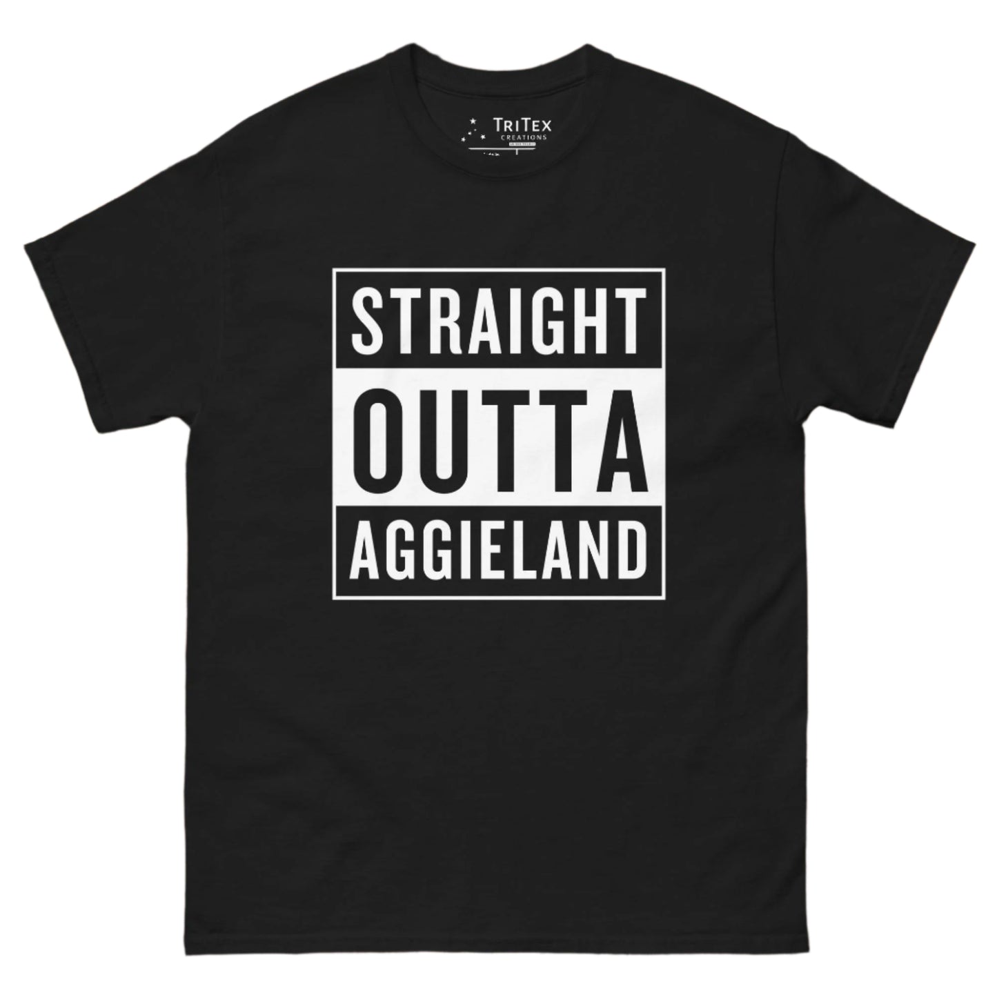 A black t-shirt with the words "Straight Outta Aggieland".