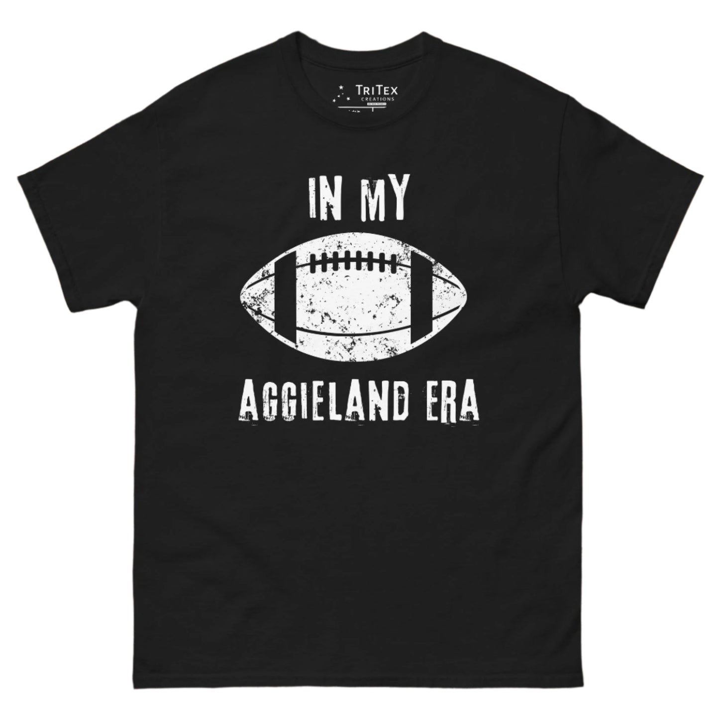 A black t-shirt featuring a vintage graphic of a football and the text "In My Aggieland Era".