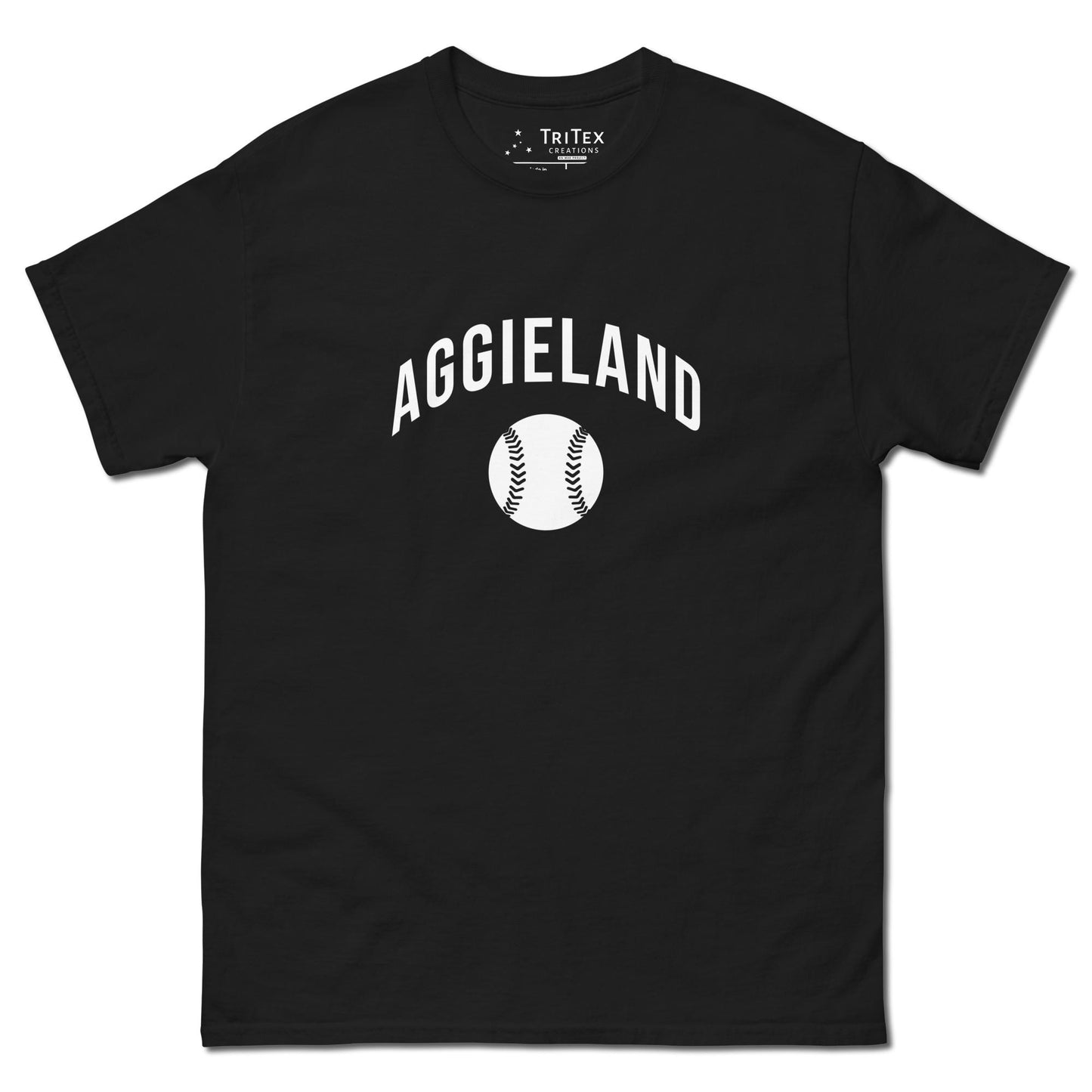 A black t-shirt featuring an image of a baseball with the words "Aggieland".