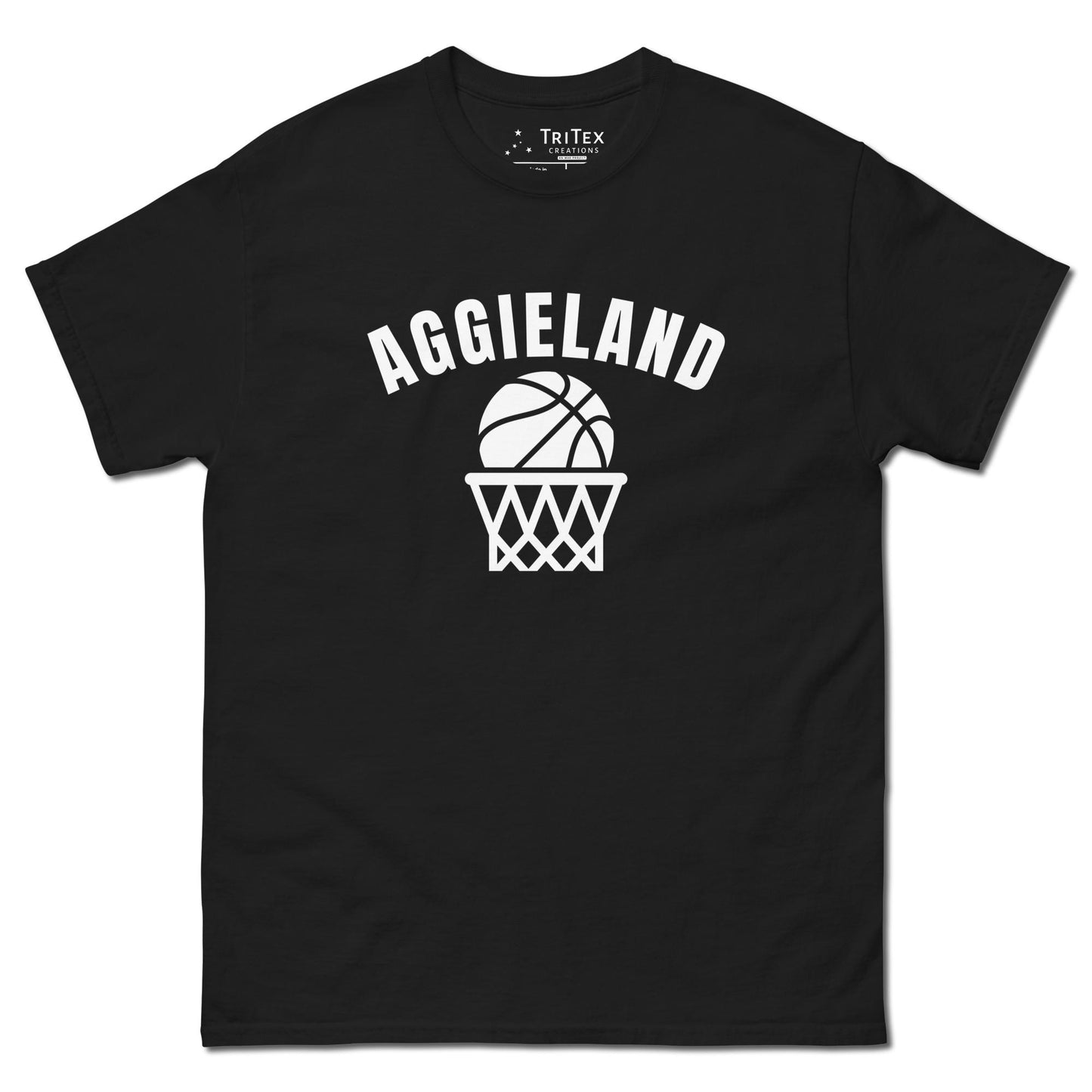 A black t-shirt featuring a basketball in a net with the word "Aggieland".