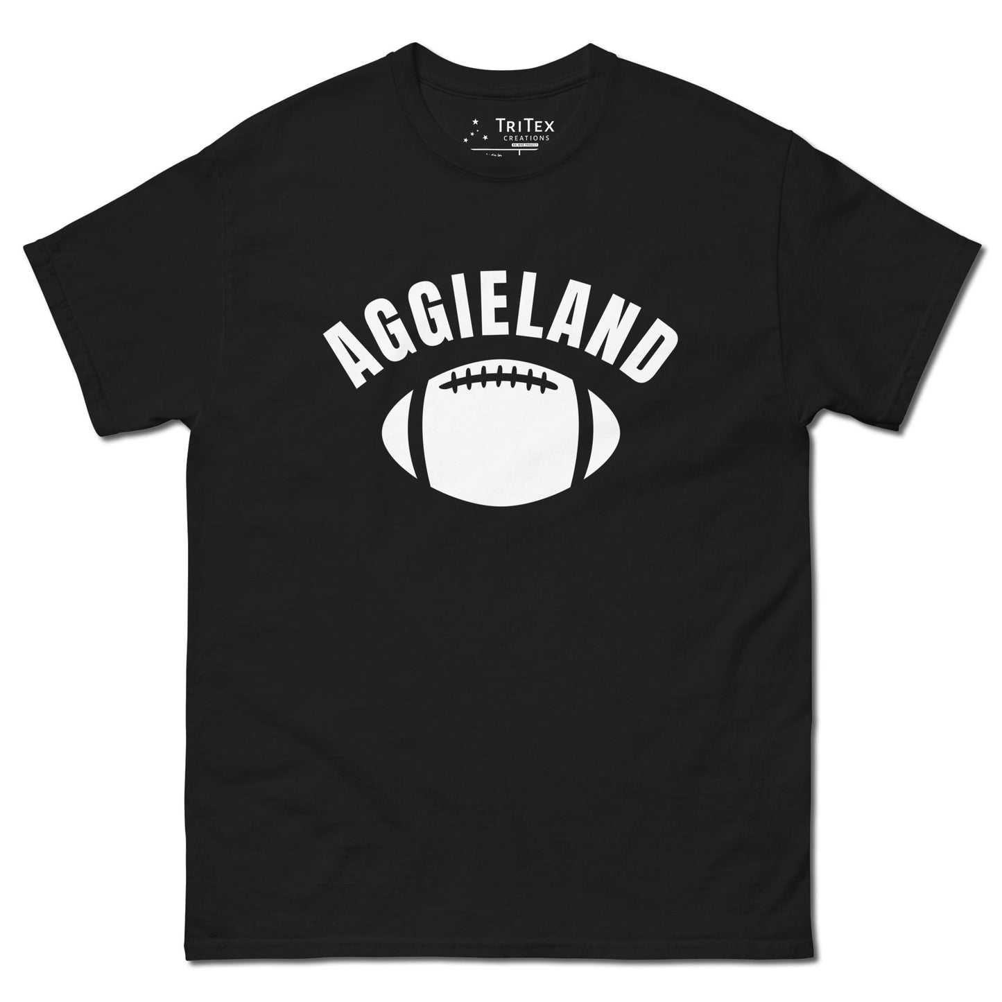 A black t-shirt featuring a football with the word "Aggieland".