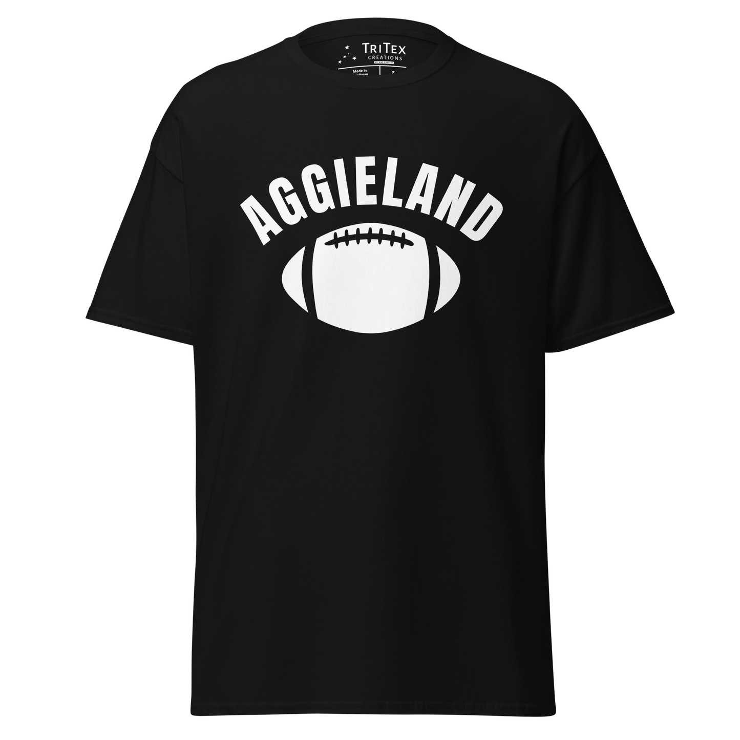 A black t-shirt featuring a football with the word "Aggieland".