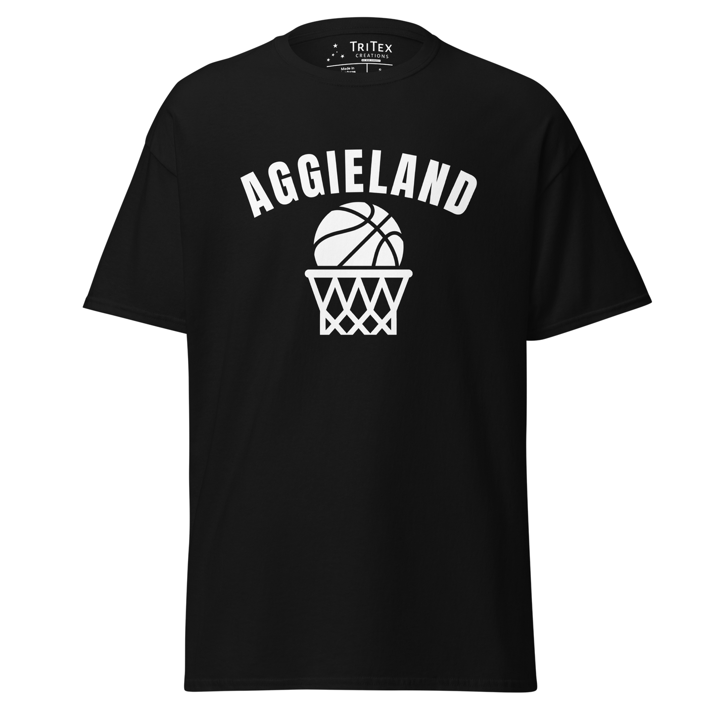 A black t-shirt featuring a basketball in a net with the word "Aggieland".