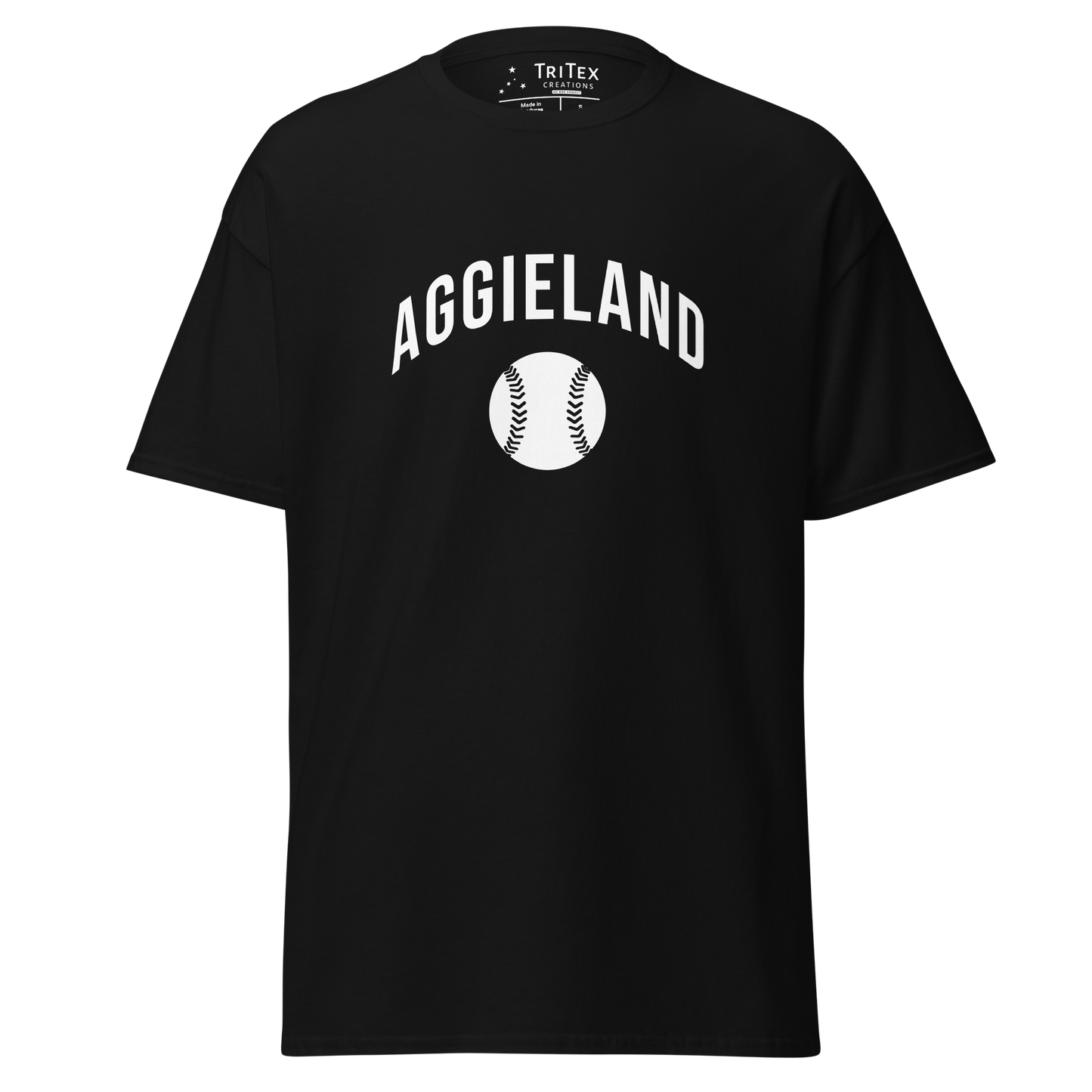 A black t-shirt featuring an image of a baseball with the words "Aggieland".