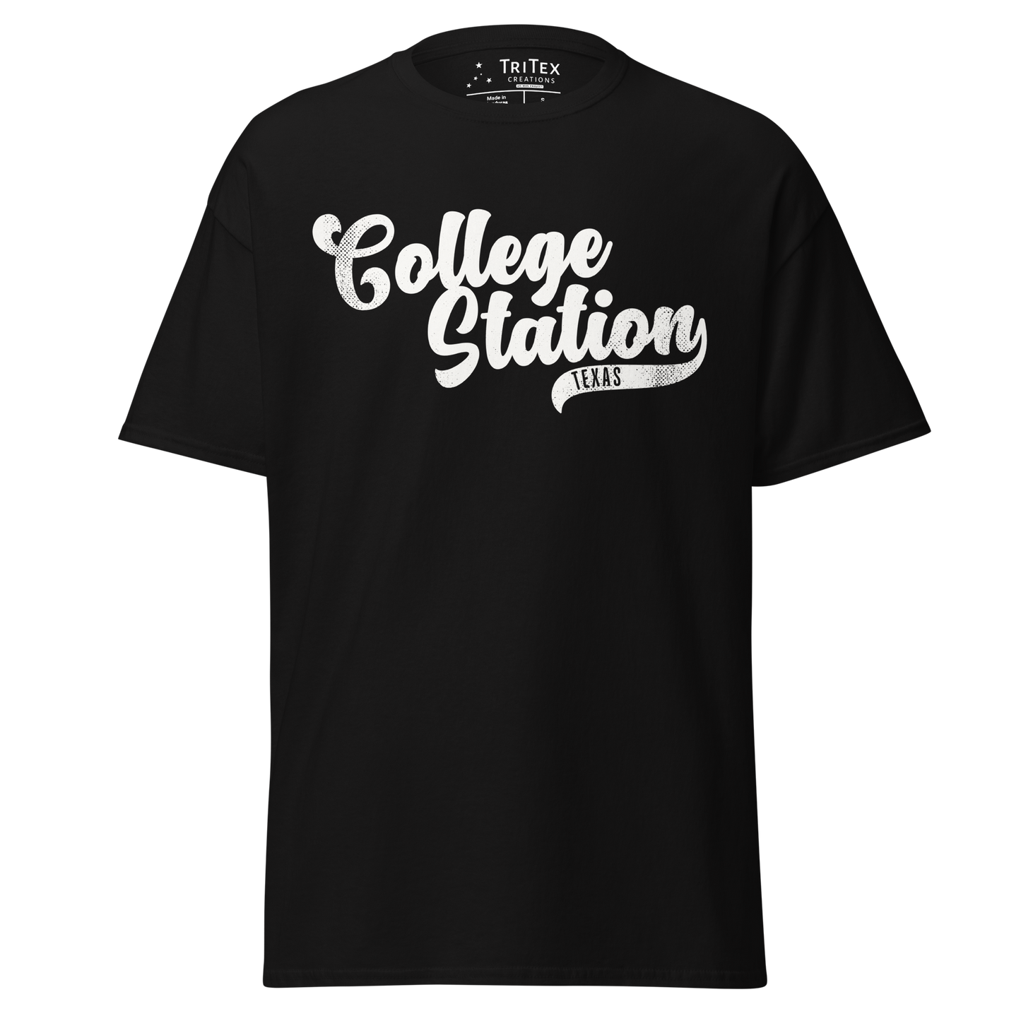 A black vintage-style t-shirt with the text "College Station TEXAS".