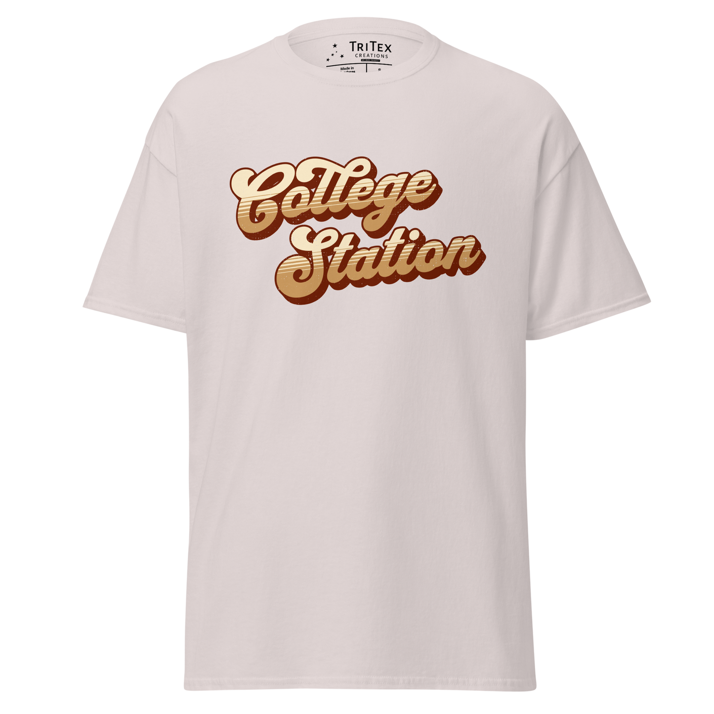 An ice gray t-shirt with a retro style College Station in a vintage font.