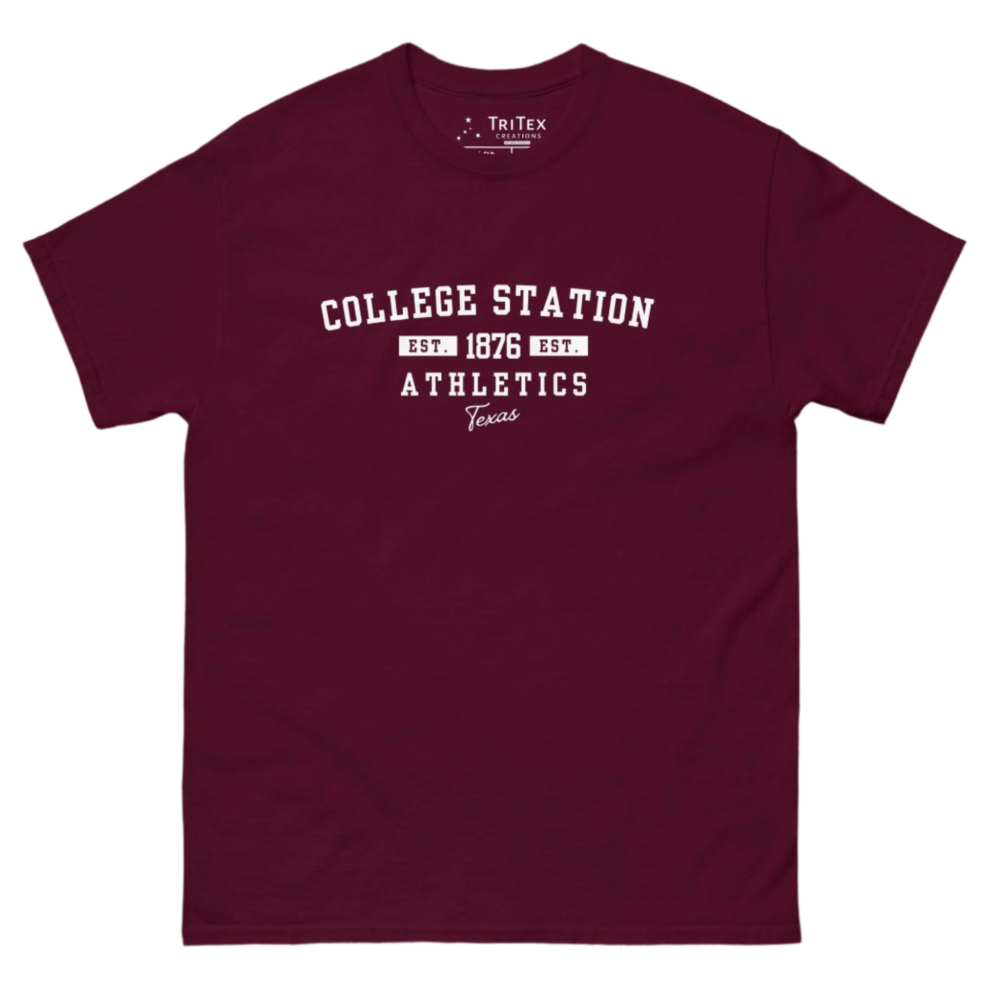 A maroon t-shirt with the text: "College Station Est. 1876 Athletics Texas".