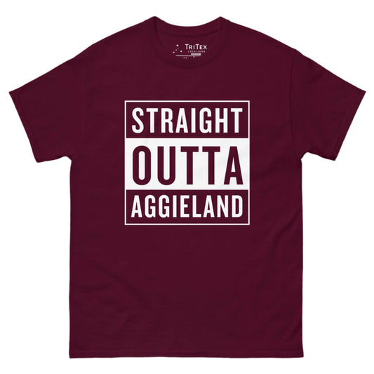 A maroon t-shirt with the words "Straight Outta Aggieland".