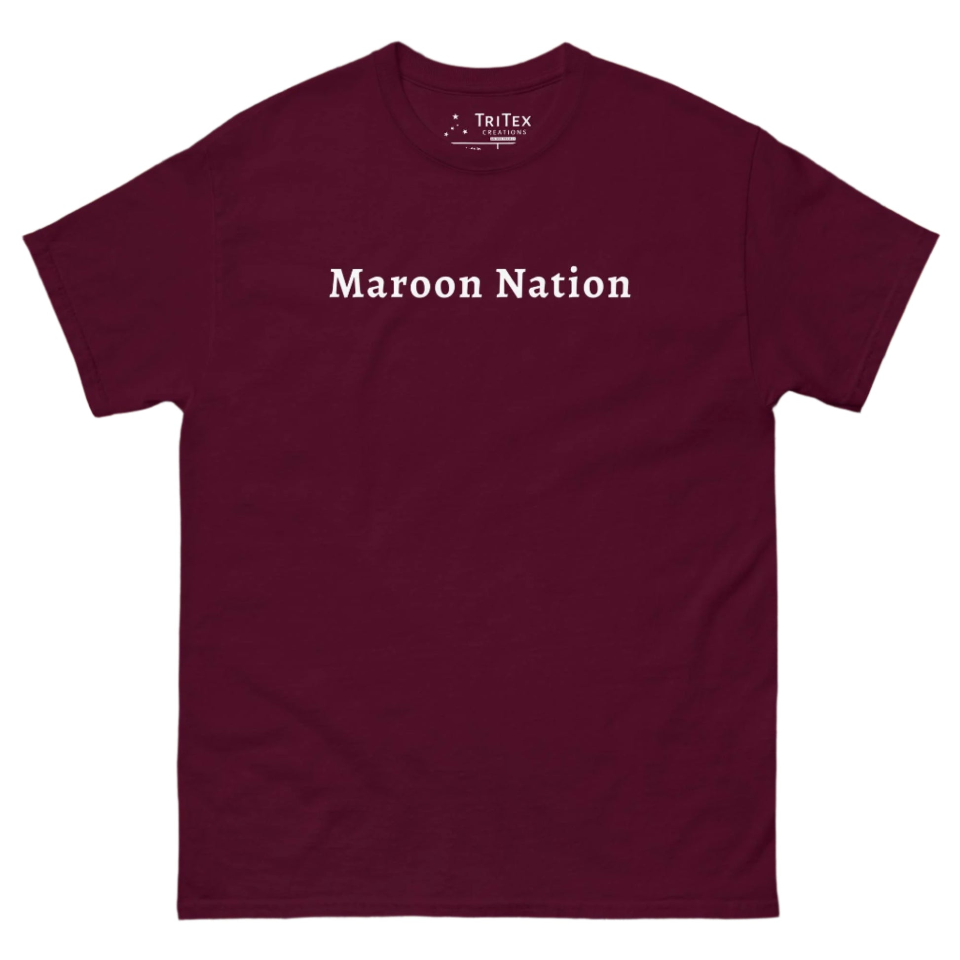 A maroon t-shirt that reads "Maroon Nation".