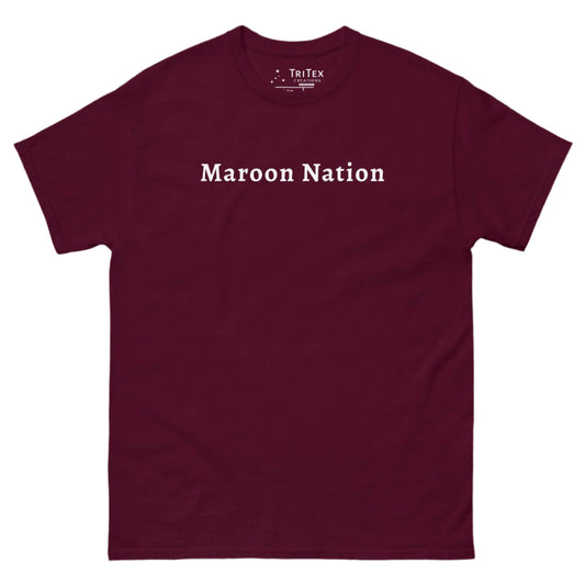 A maroon t-shirt that reads "Maroon Nation".