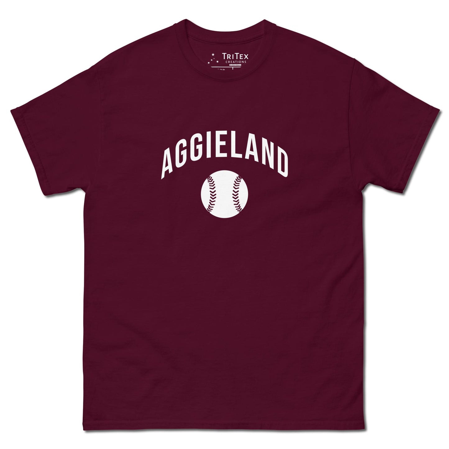 A maroon t-shirt featuring an image of a baseball with the words "Aggieland".