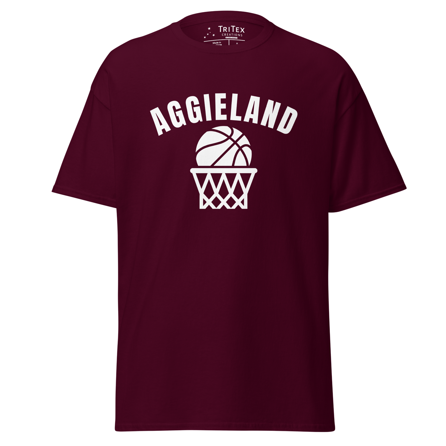 A maroon t-shirt featuring a basketball in a net with the word "Aggieland".