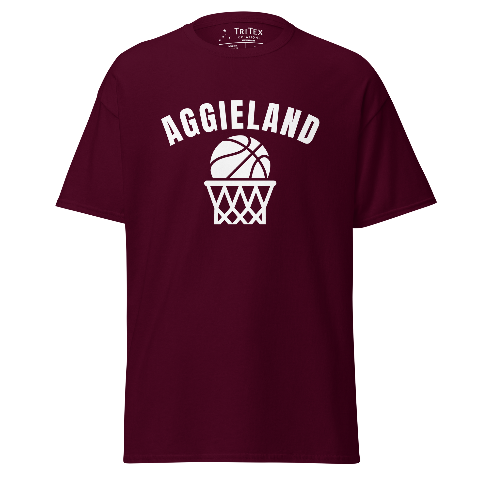 A maroon t-shirt featuring a basketball in a net with the word "Aggieland".