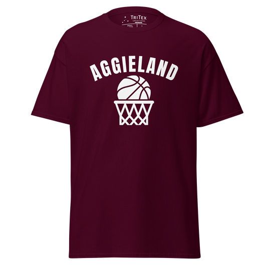 A maroon t-shirt featuring a basketball in a net with the word "Aggieland".
