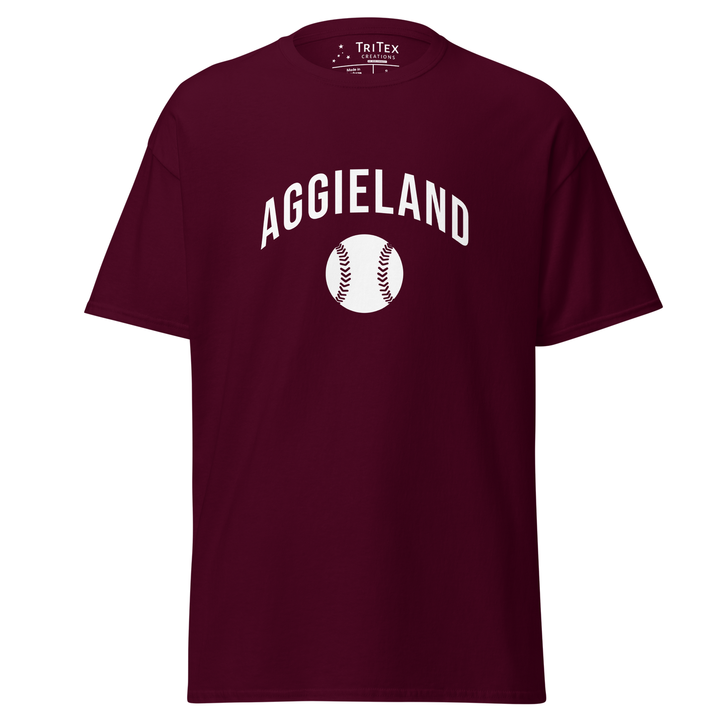 A maroon t-shirt featuring an image of a baseball with the words "Aggieland".