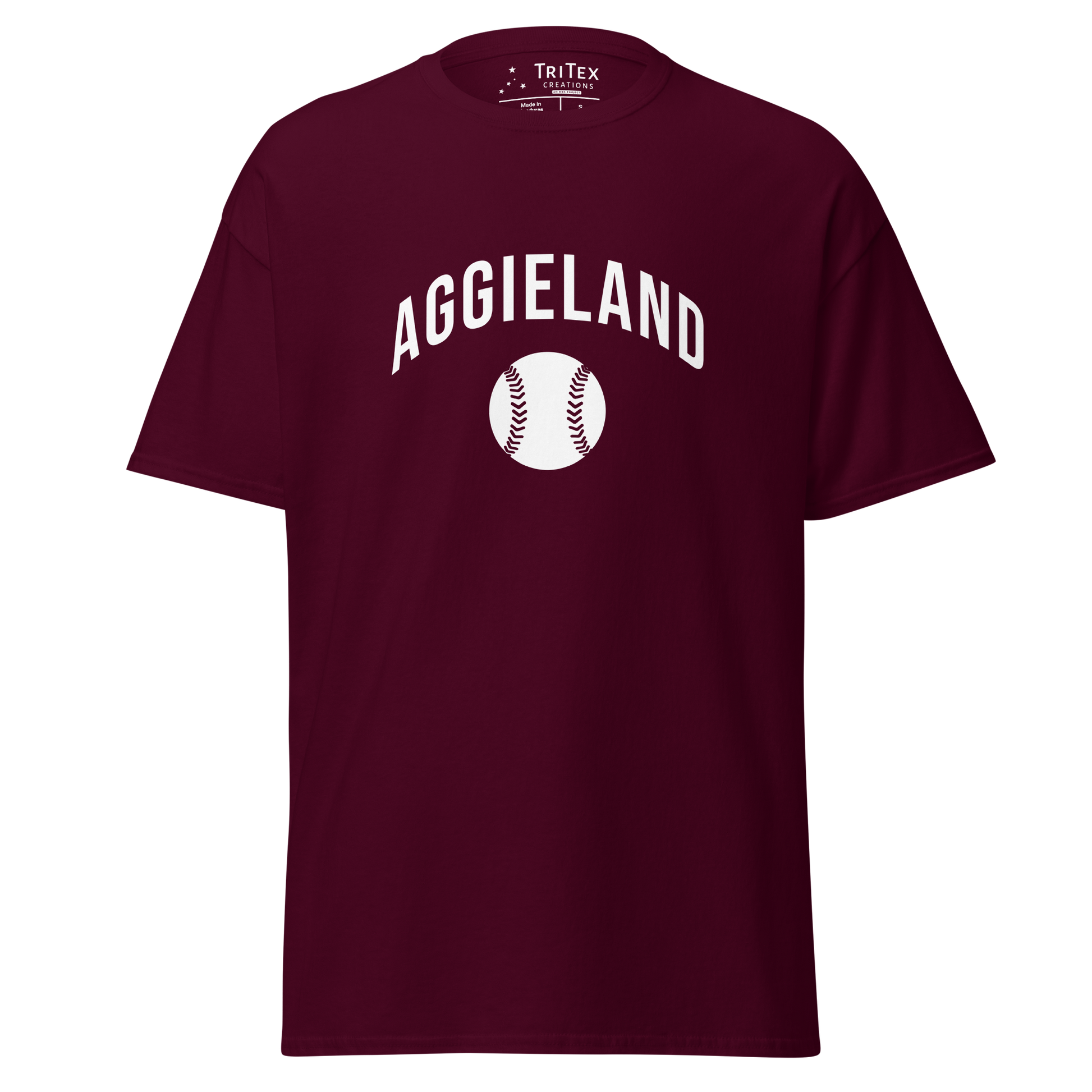 A maroon t-shirt featuring an image of a baseball with the words "Aggieland".