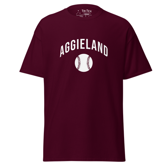 A maroon t-shirt featuring an image of a baseball with the words "Aggieland".