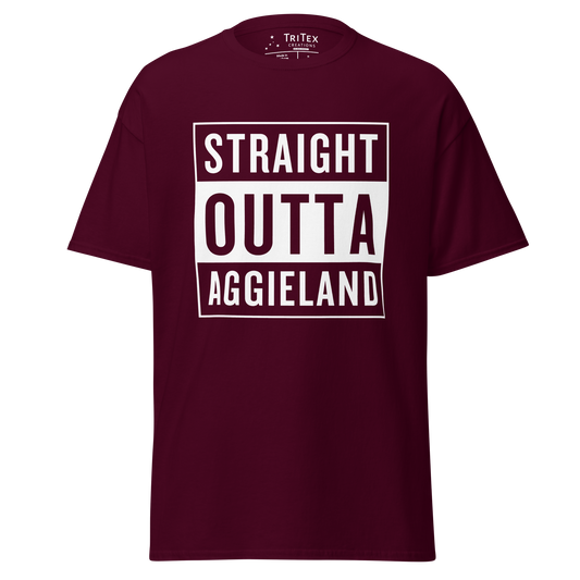 A maroon t-shirt that reads "Straight outta Aggieland".