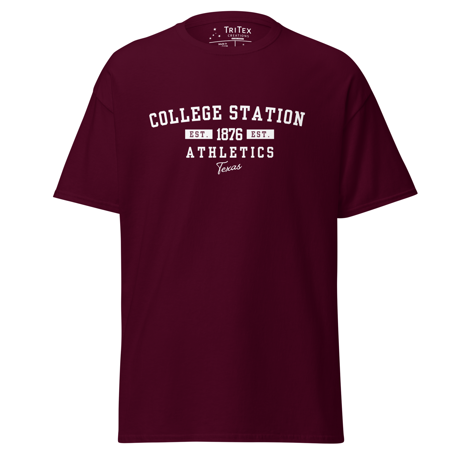 A maroon t-shirt with the text: "College Station Est. 1876 Athletics Texas".