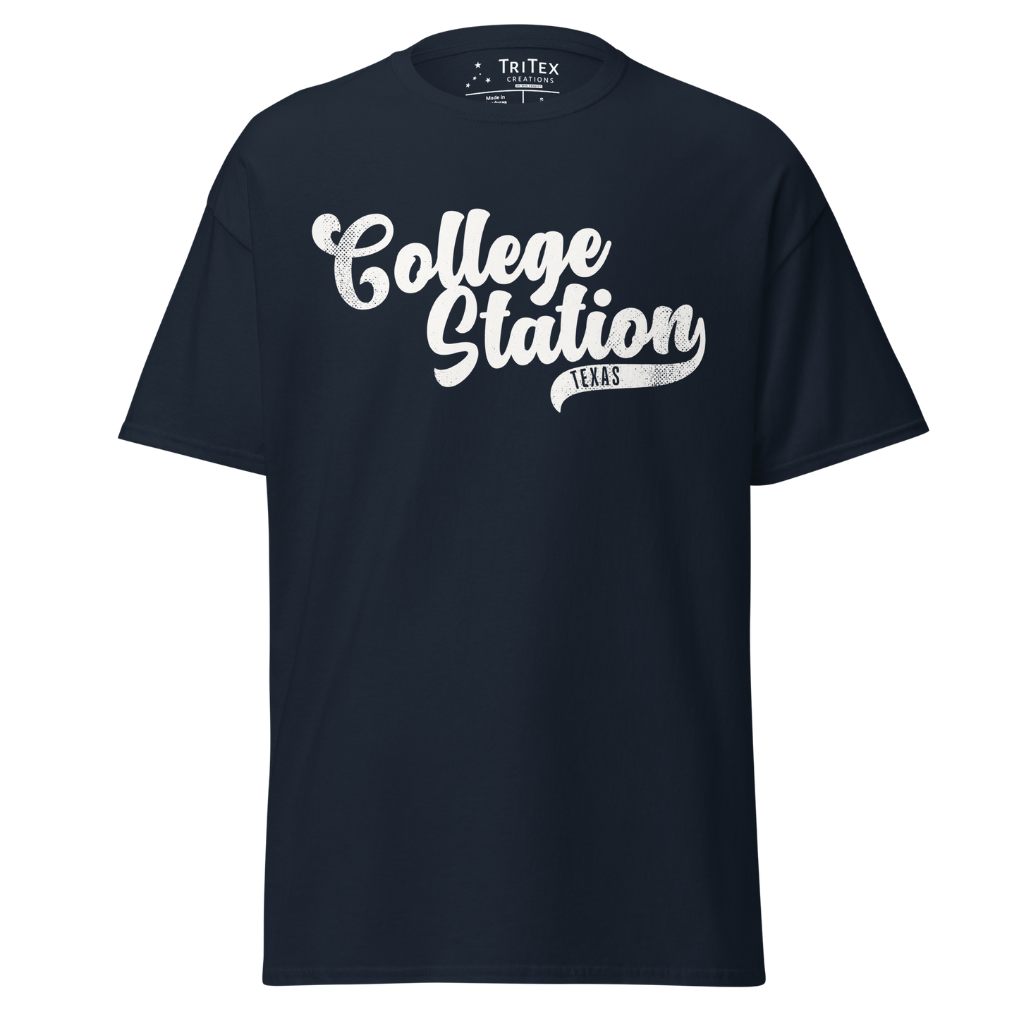 A navy vintage-style t-shirt with the text "College Station TEXAS".