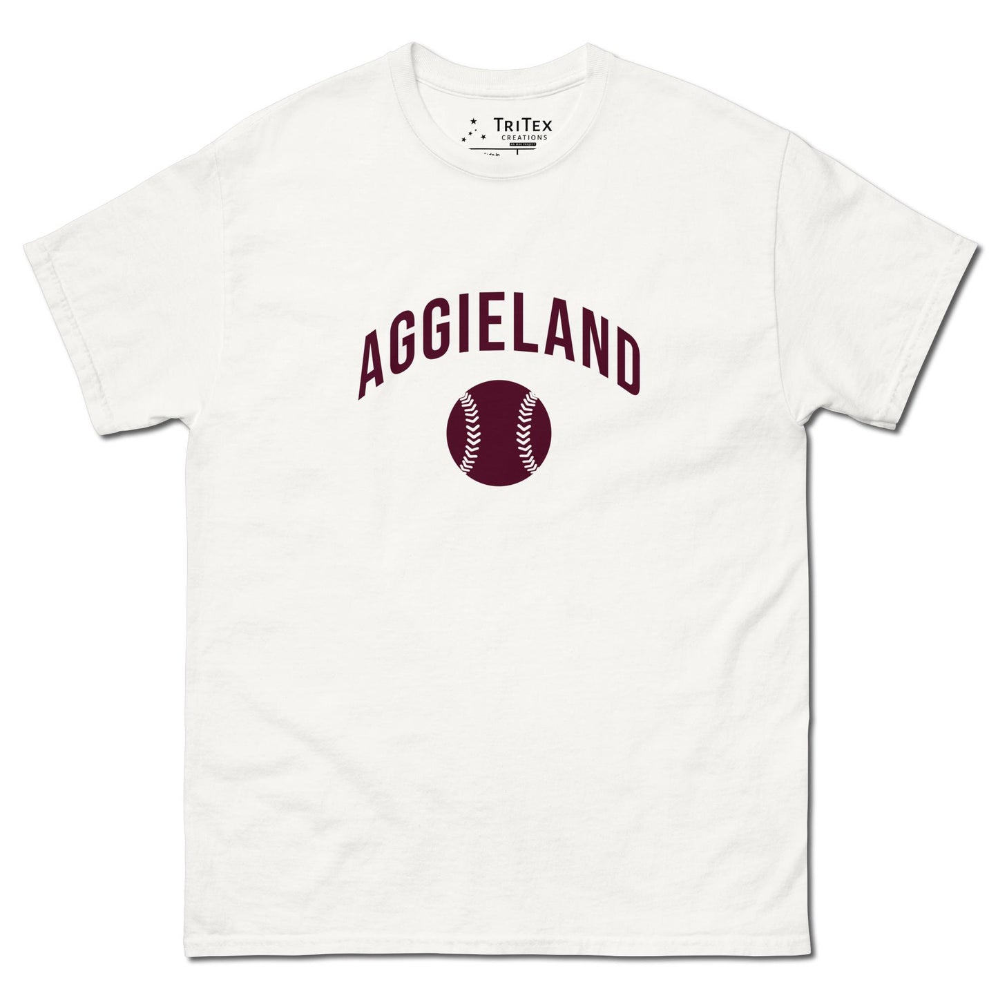 A white t-shirt featuring an image of a baseball with the words "Aggieland".