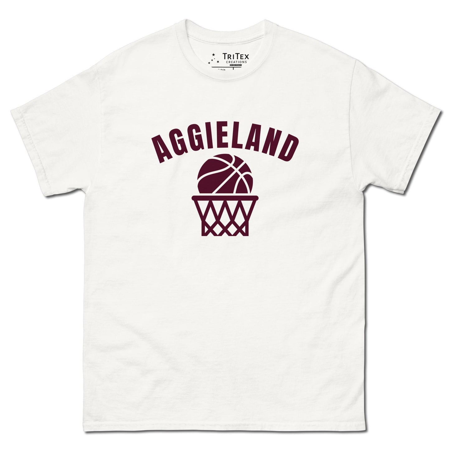 A white t-shirt featuring a basketball in a net with the word "Aggieland".