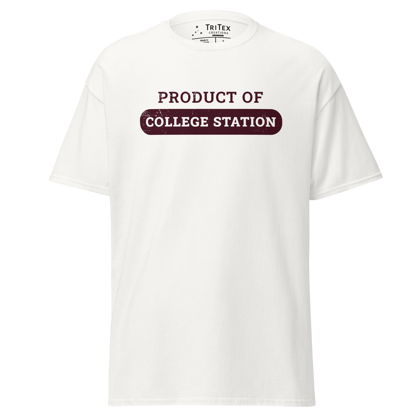 A white t-shirt with the text "Product of College Station".
