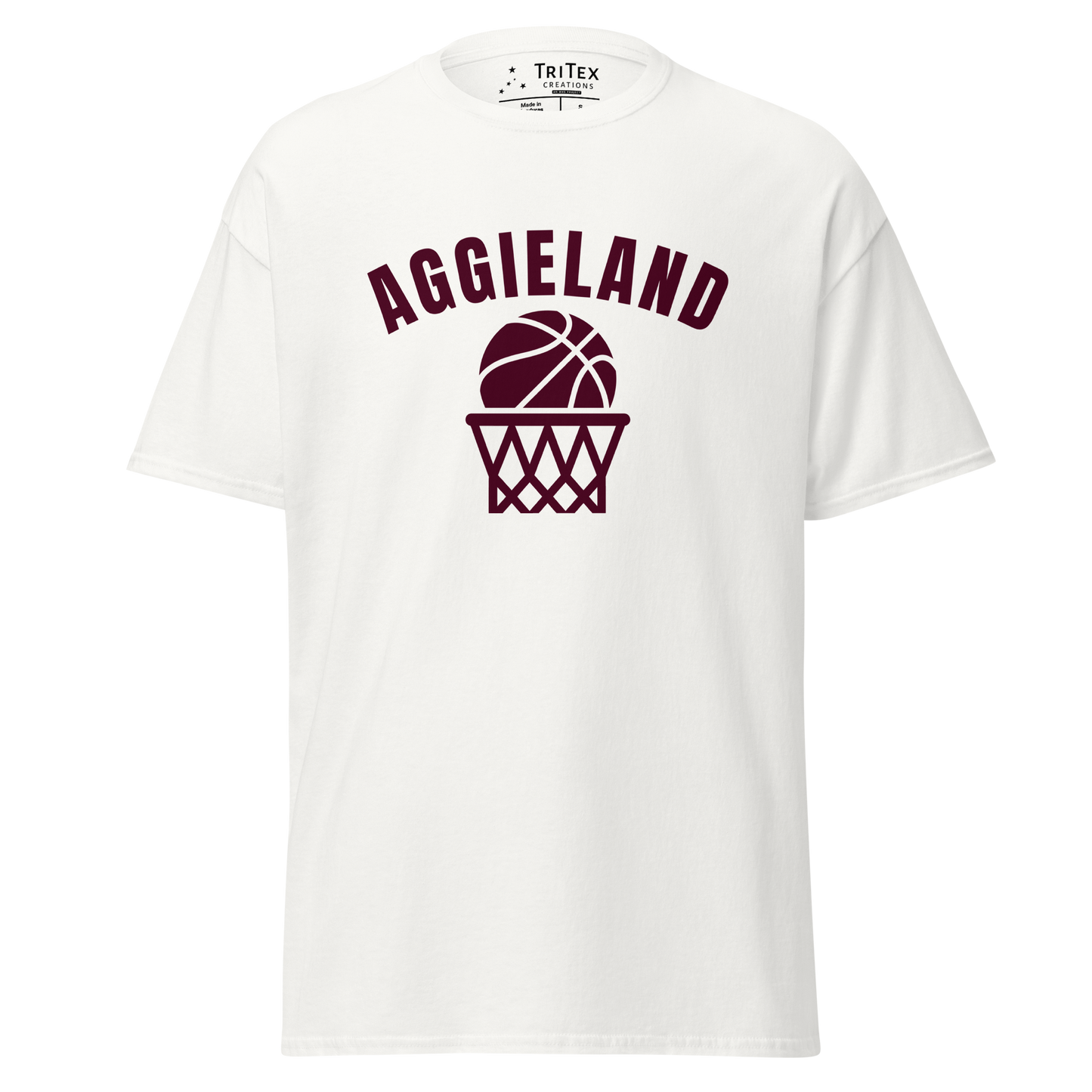 A white t-shirt featuring a basketball in a net with the word "Aggieland".