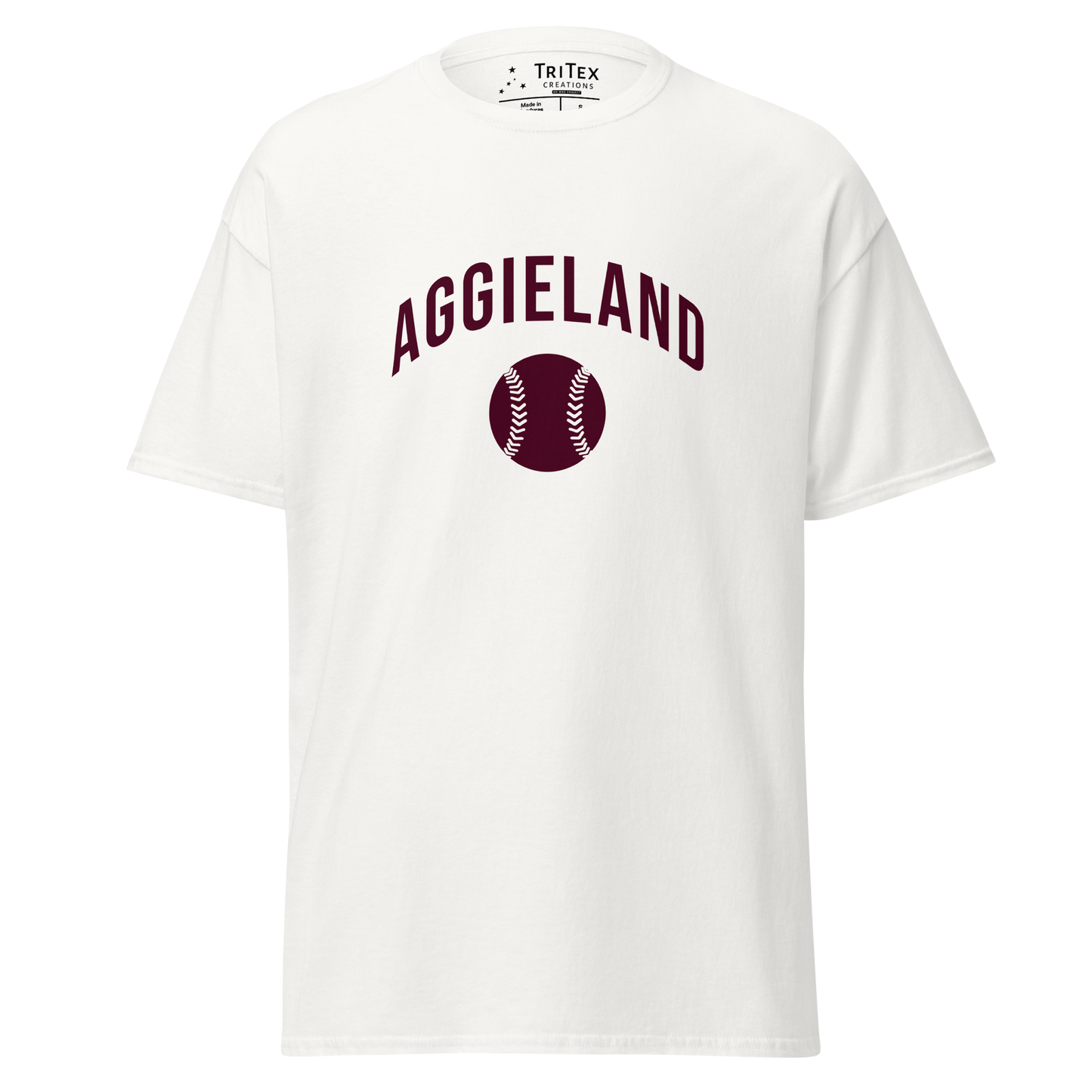 A white t-shirt featuring an image of a baseball with the words "Aggieland".