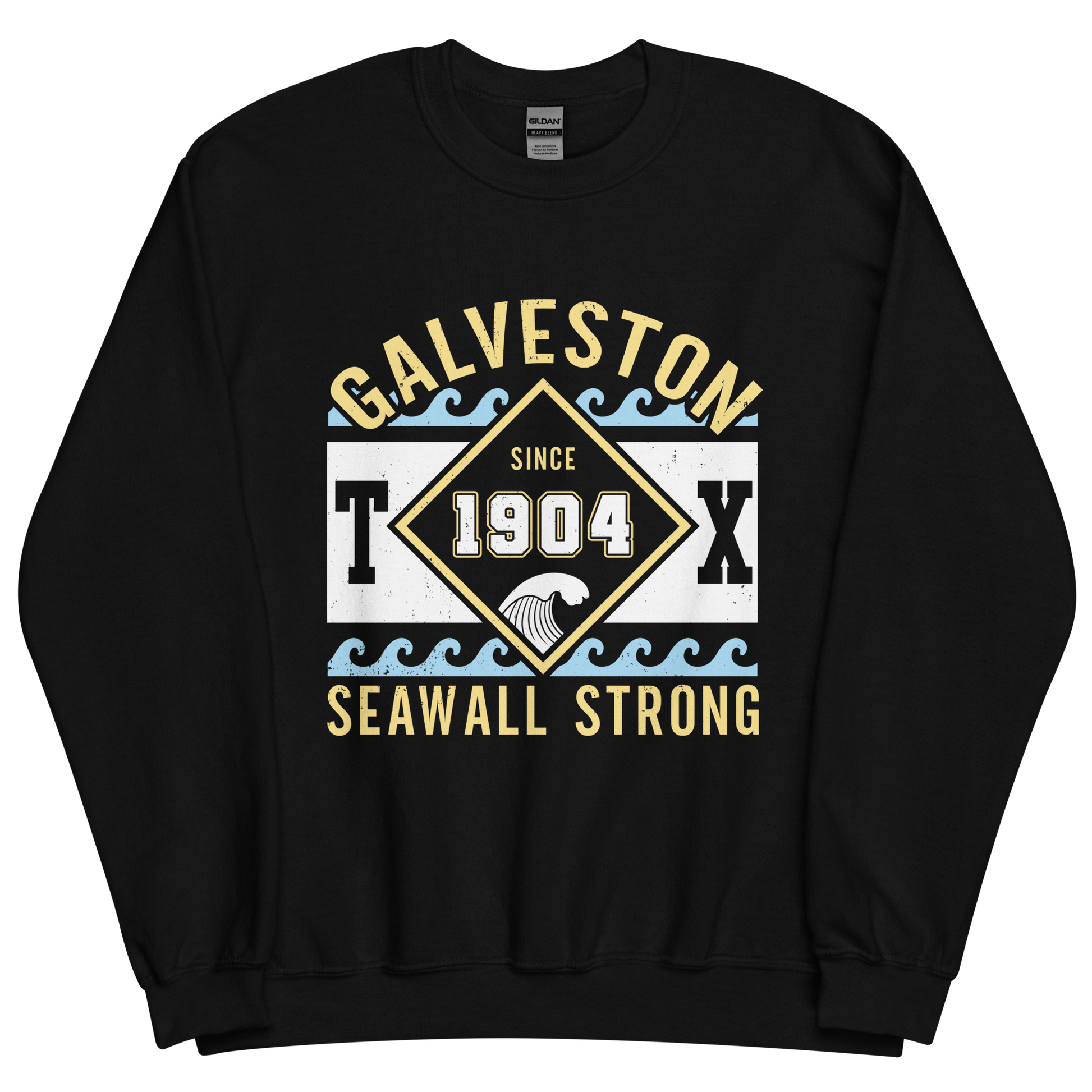 A black sweatshirt featuring waves with text that reads "Galveston TX Seawall Strong. Since 1904".