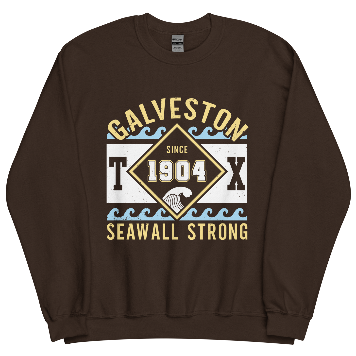 A dark chocolate brown sweatshirt featuring waves with text that reads "Galveston TX Seawall Strong. Since 1904".