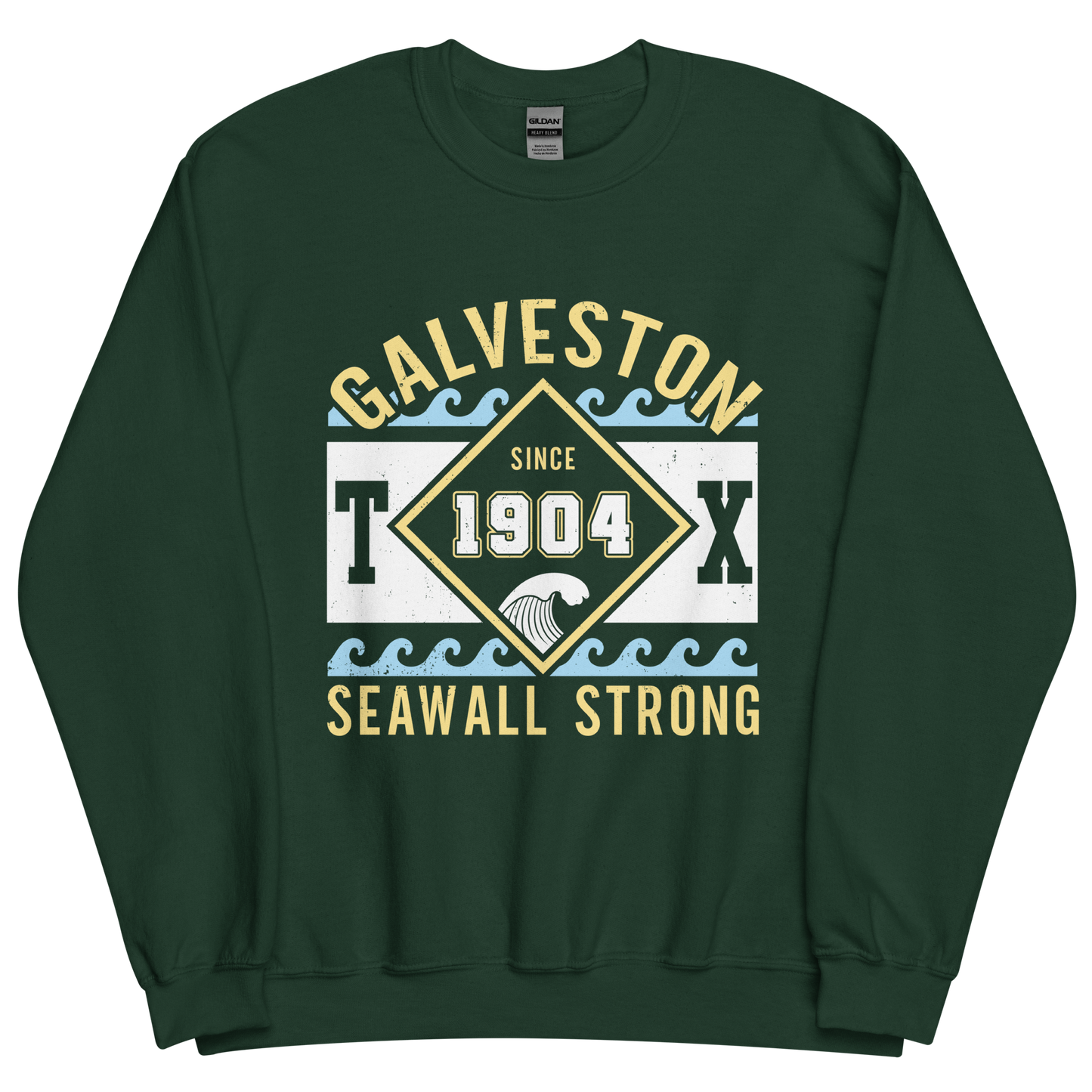 A forest green sweatshirt featuring waves with text that reads "Galveston TX Seawall Strong. Since 1904".