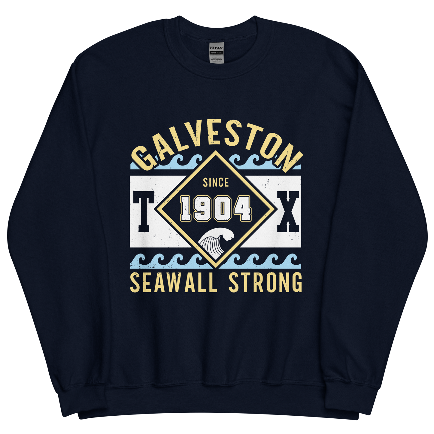 A navy blue sweatshirt featuring waves with text that reads "Galveston TX Seawall Strong. Since 1904".