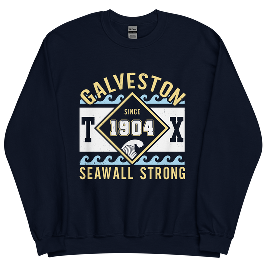 A navy blue sweatshirt featuring waves with text that reads "Galveston TX Seawall Strong. Since 1904".